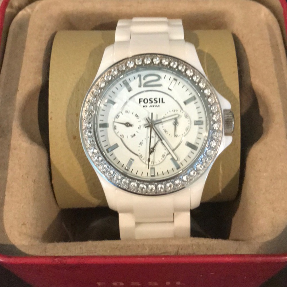 Fossil White Ceramic Watch - Crystal Bezel